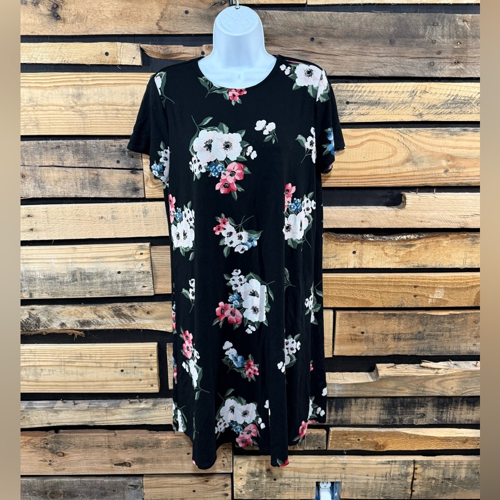 J‎ Jill Wearever Medium Casual Dress Black Floral Short Sleeve Stretch Rayon